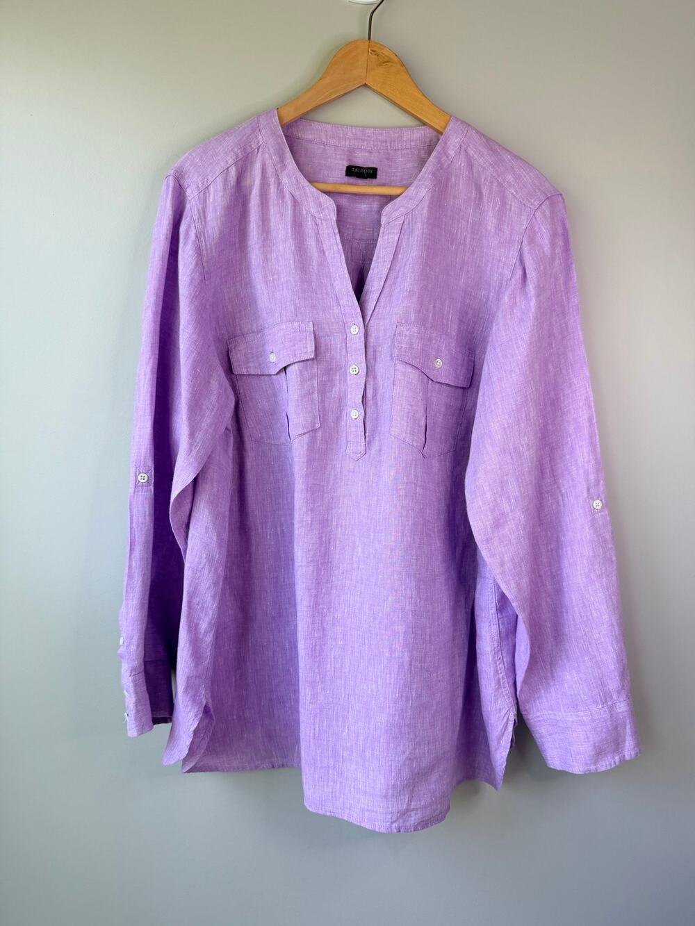 Talbots size 2X linen popover shirt flap pockets no collar lilac